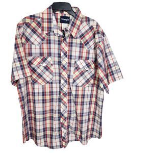 Wrangler Shirt Mens XL Red Blue Plaid Short Sleeve Pearl Snap Western Pockets